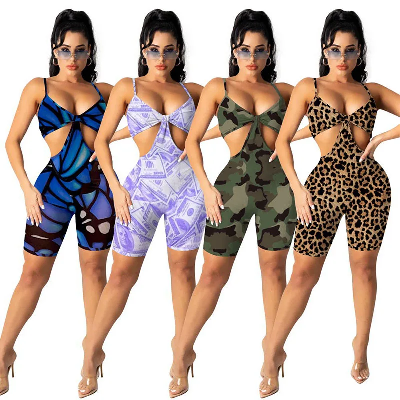 

ZKYZWX Leopard Bodycon Rompers Womens Jumpsuit Sexy Summer Clothes for Women Spaghetti Strap Hollow One Piece Night Club Outfits
