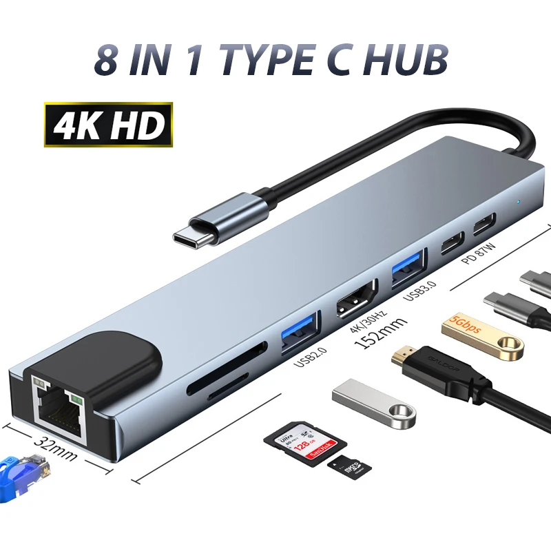 

Док-станция с 8 портами Usb C, HDMI-совместимая