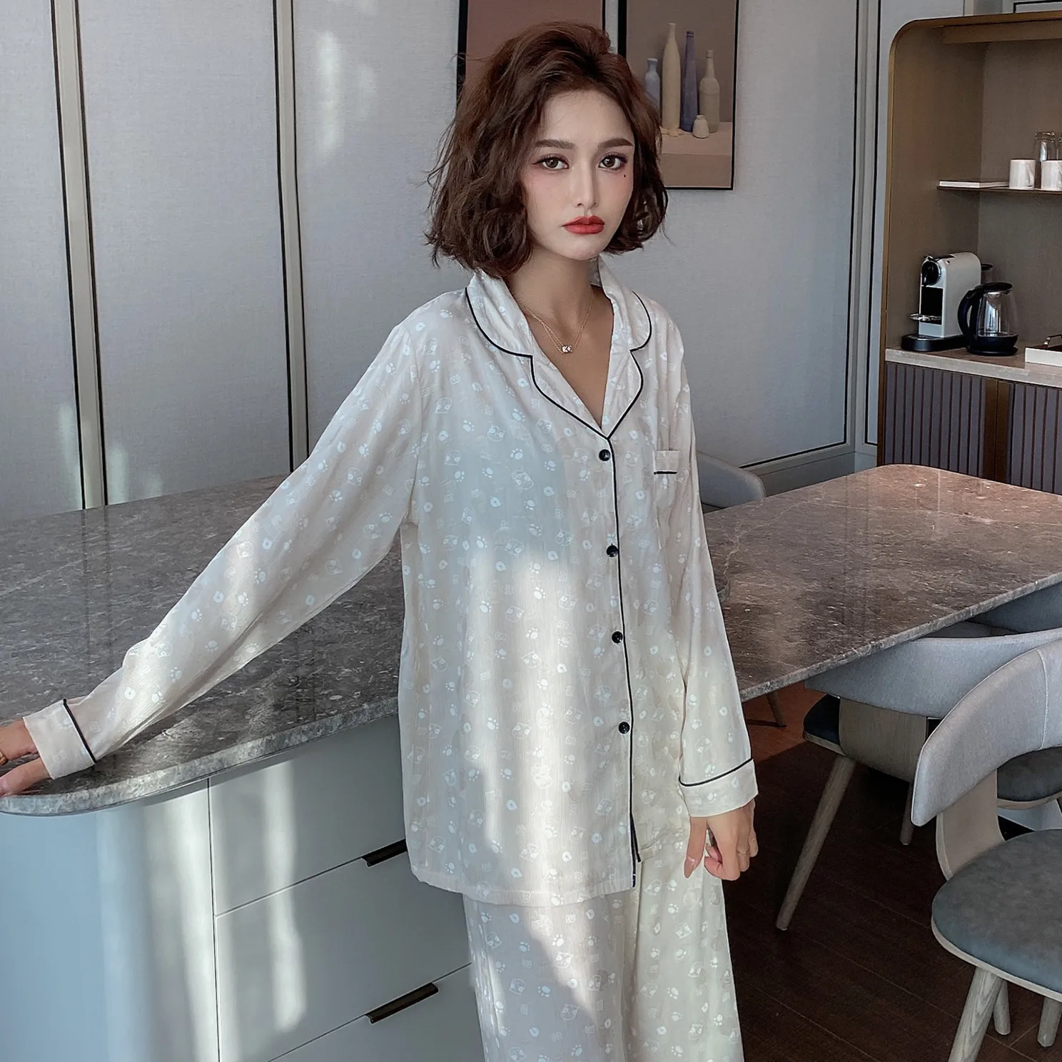 

Spring Women Dog Printing Pajamas Cotton Lapel Long Sleeve Trousers Pajama Set Comfortable Loungewear Two Piece Sexy Nightwear