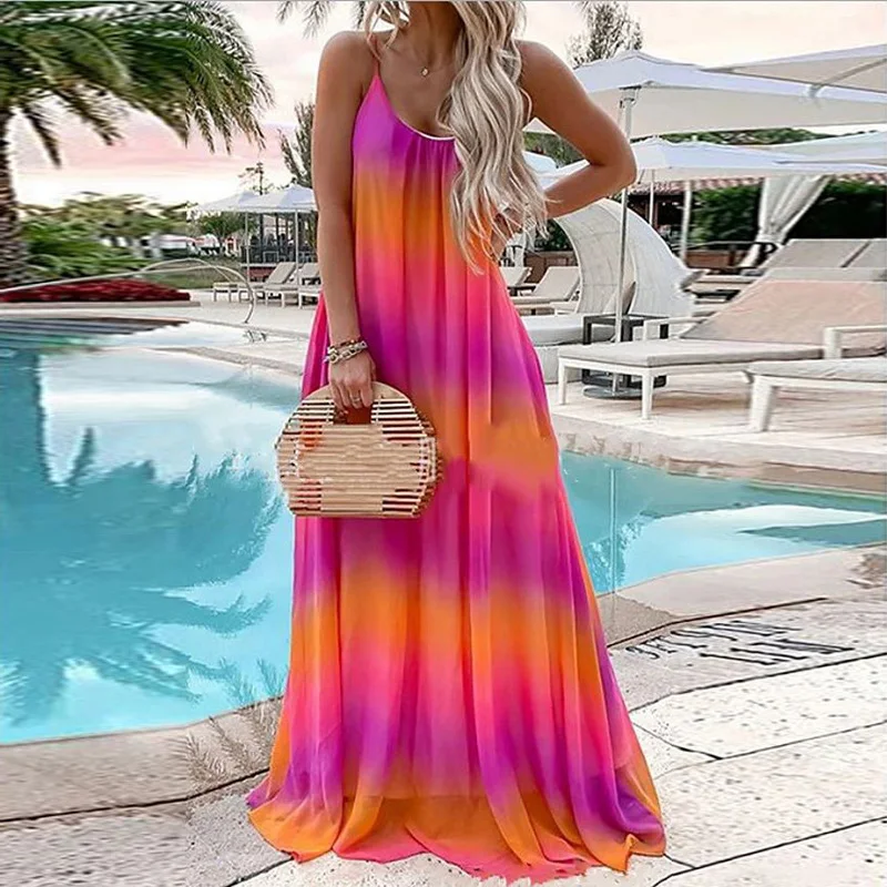 

Summer Sexy Sling Colorful Print Loose Dress Lady O Neck Sleeveless Maxi Beach Dress Elegant Women Halter Boho Long Party Dress