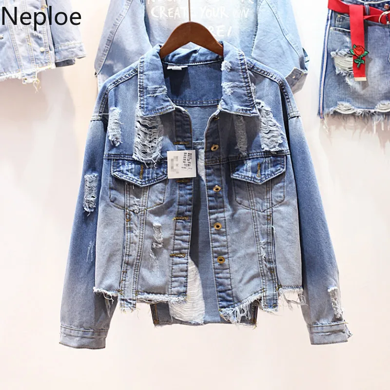 Neploe Корейский Новый Дикий необычный отверстие джинсовая куртка короткая