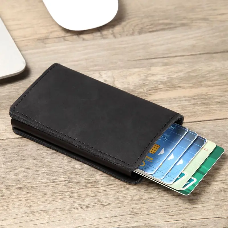 Для мужчин wo мужской RFID кошелек Блокировка Crazy Horse кожаный держатель для кредитных карт Алюминиевый металлический бизнес ID многофункциональный бумажник для карт