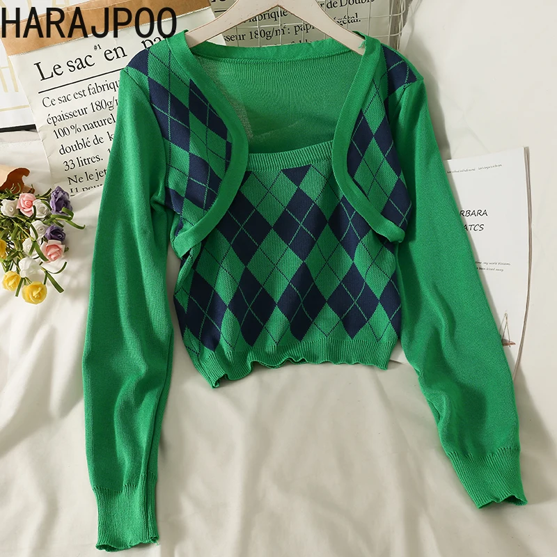 

Harajpoo Sweaters Female Argyle Printing Cropped Fall Winter 2021 Color Matching V Neck Slim Long Sleeve Camisole Harajuku Sets