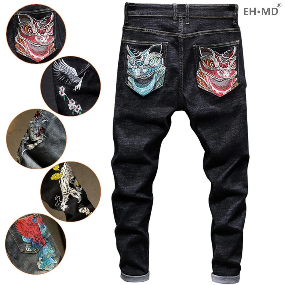 EH·MD® 2020 Red Ear Denim Lion Head Embroidery Pattern Jeans Men's Chinese Retro Small Straight Loose Black Trousers Golden Silk
