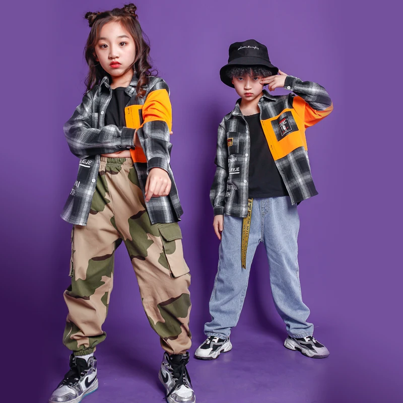 Детская клетчатая куртка в стиле хип-хоп камуфляжные брюки танцевальная одежда