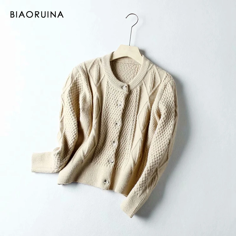 

BIAORUINA 4 Colors Women's Single Breasted Solid Knitted Cardigans O-neck Female Winding Loose Fashion Sweater One Size