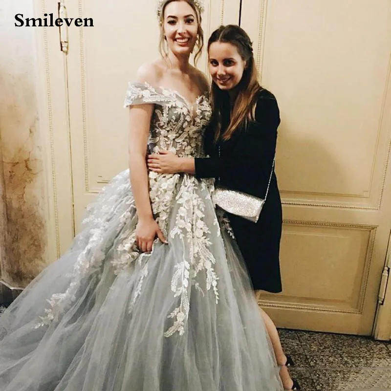Кружевное Вечернее Платье Smileven серое длинное платье с аппликацией открытыми