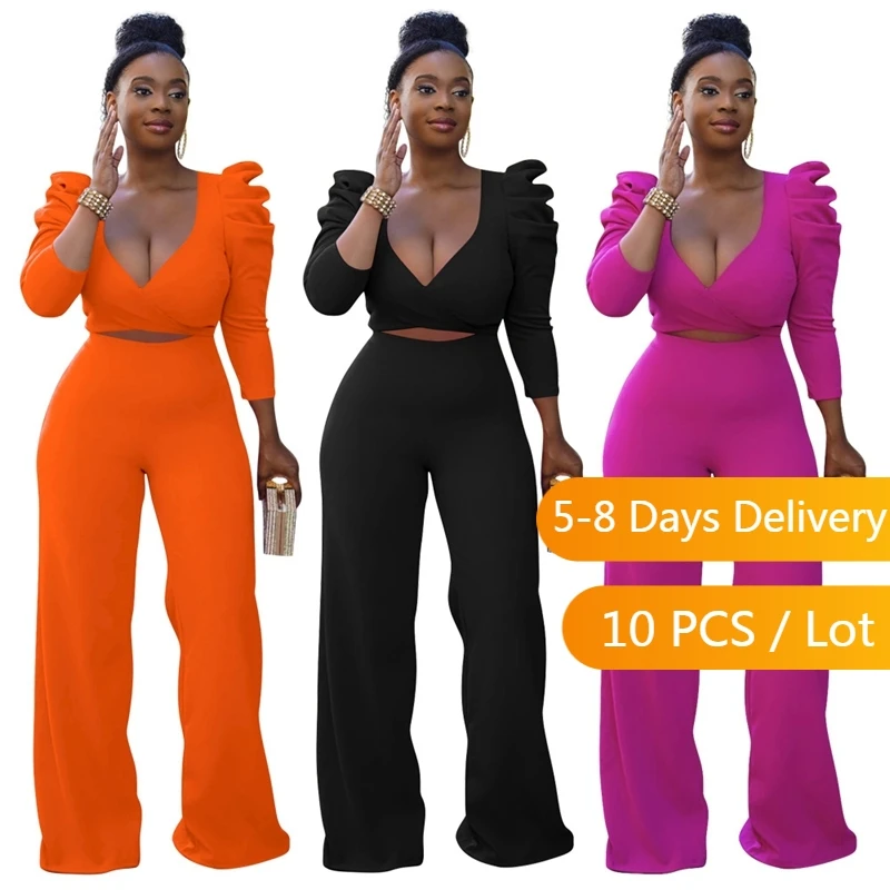 

Женский элегантный комплект из двух предметов, осенняя одежда, короткий топ с пышными рукавами и брюки с широкими штанинами, Клубные бандажные женские наряды