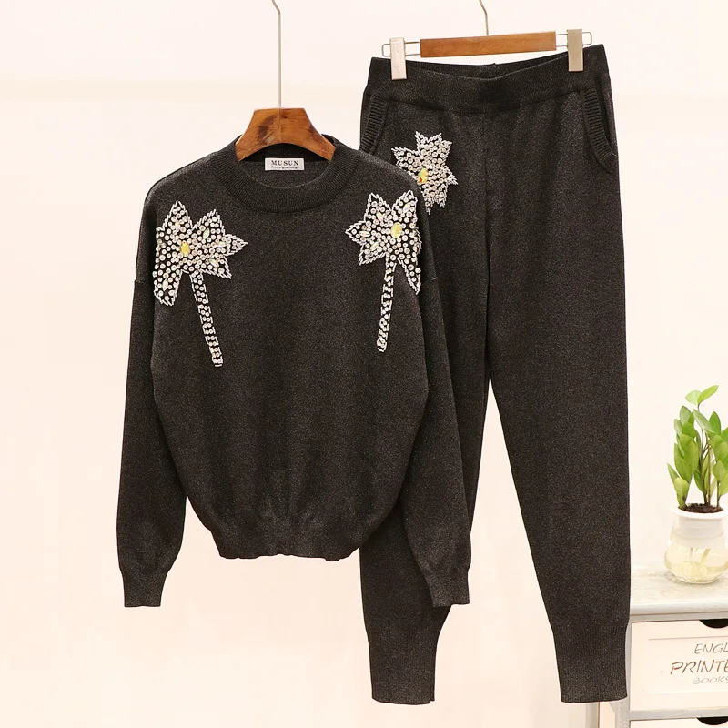 Женский спортивный костюм вязаный свитер со стразами и рукавами длинные брюки