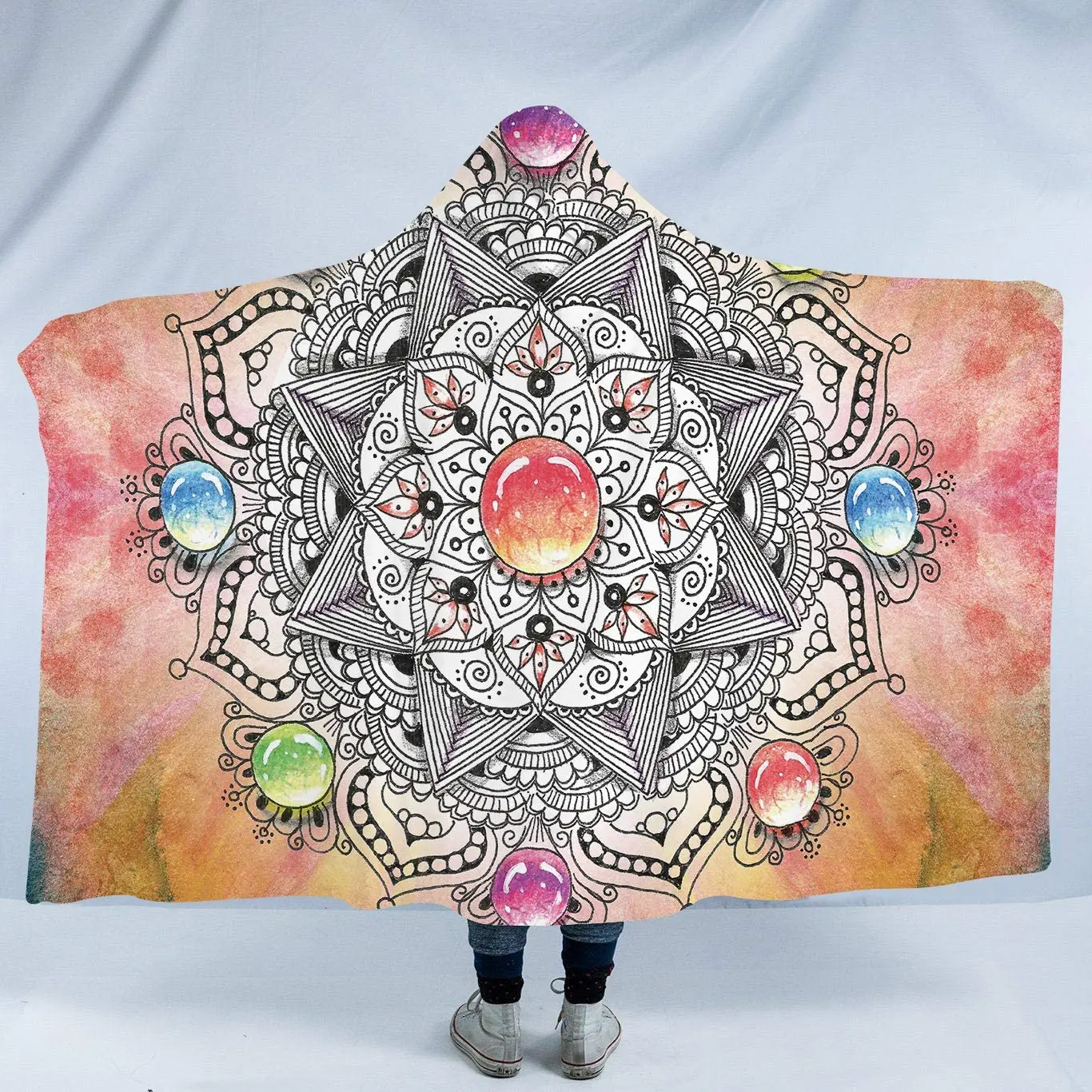 

Hooded Blanket Blue White Floral Mandala Soft Fleece Poncho Hoodie Bohemian Fuzzy Blanket Boho Chic Lightweight Blanket Wrap