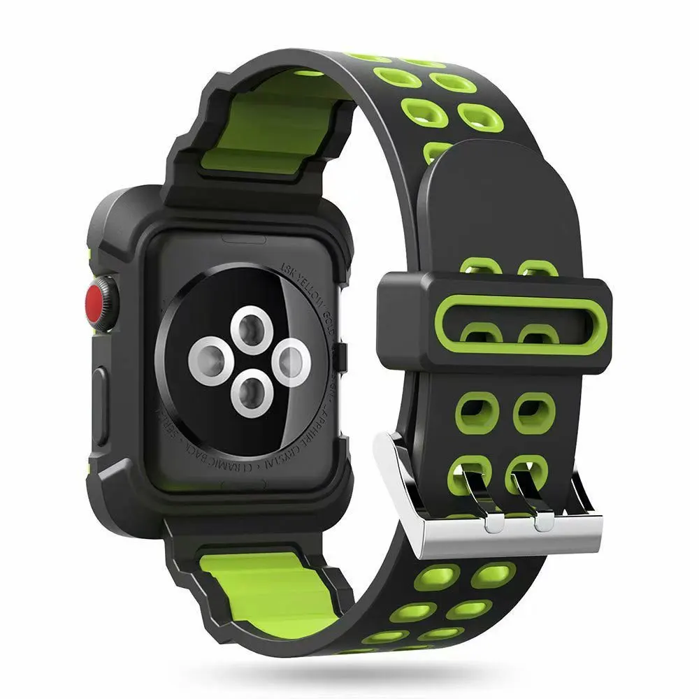 Двойной Цвет ремешок с защитная накладка на заднюю панель из ТПУ для наручных часов Apple Watch 44 мм Защитная крышка чехол для наручных часов iWatch, 5 4 чехол& ремешковые в одно касание - Цвет ремешка: black green
