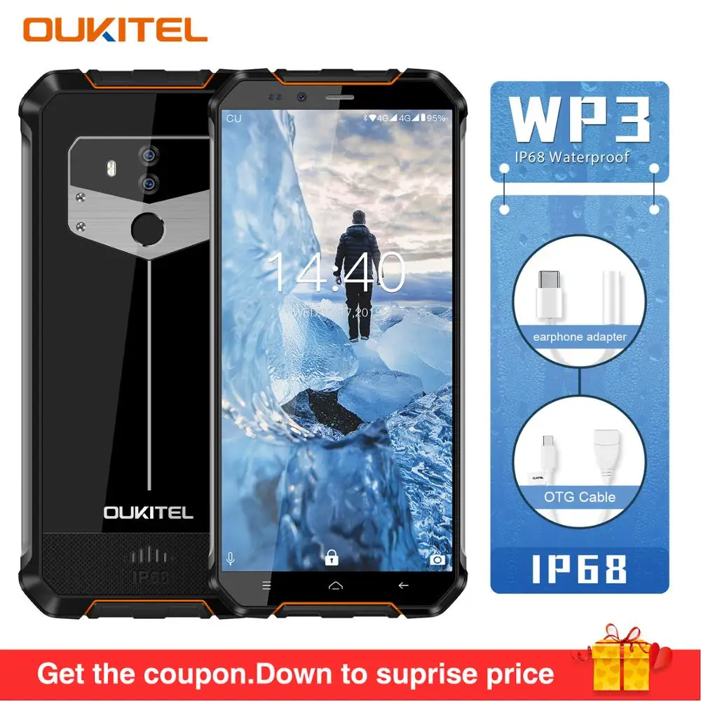 OUKITEL WP3 IP68 Waterproof Dust Shock Proof 4GB 64GB Mobile Phone 5.0&quot 18:9 MTK6763 Octa Core 5200mAh Fingerprint Smartphone |