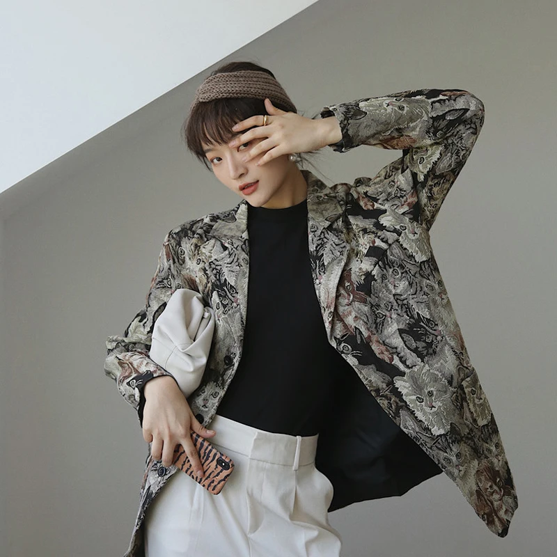 Ретро текстурированный костюм с принтом Кошки Женский блейзер однобортный