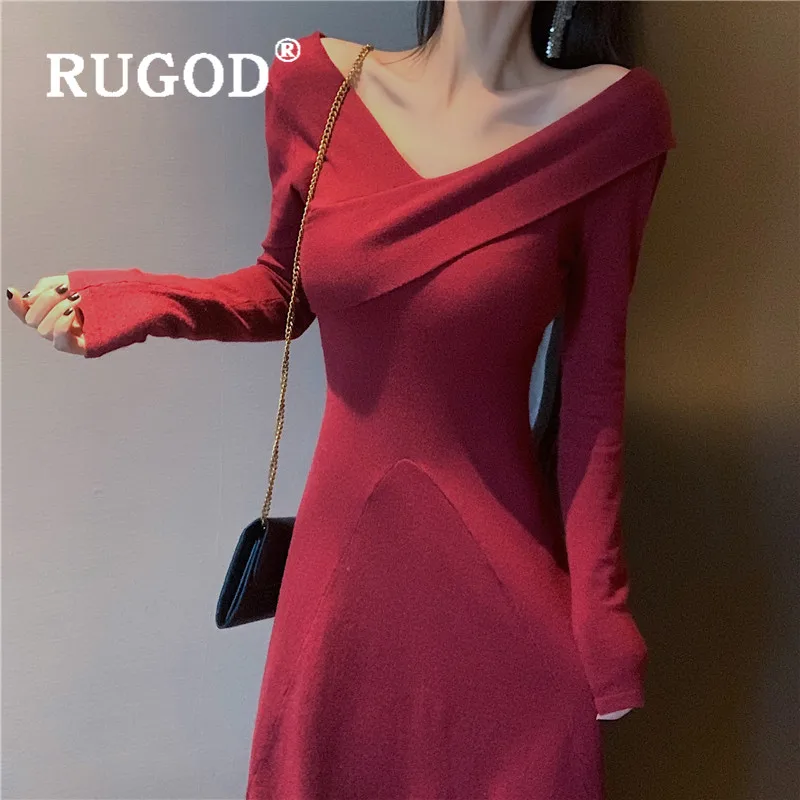 RUGOD шикарное простое Ретро корейское Трикотажное макси платье с v образным