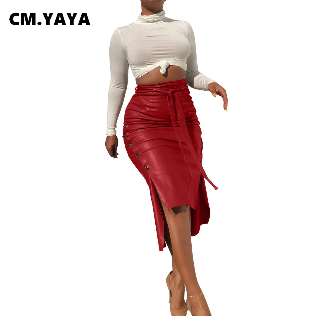 CM.YAYA Women High Waist Faux Leather Skirts Night Club Street Vintage Bodycon Midi Button Slit Side Party Bandage Skirt | Женская