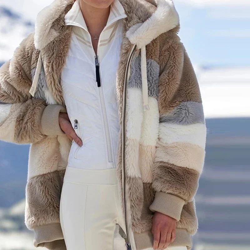

Модное плюшевое пальто с капюшоном для женщин, зимние толстые свободные пальто в стиле пэчворк на молнии, с карманом и длинным рукавом, Женс...