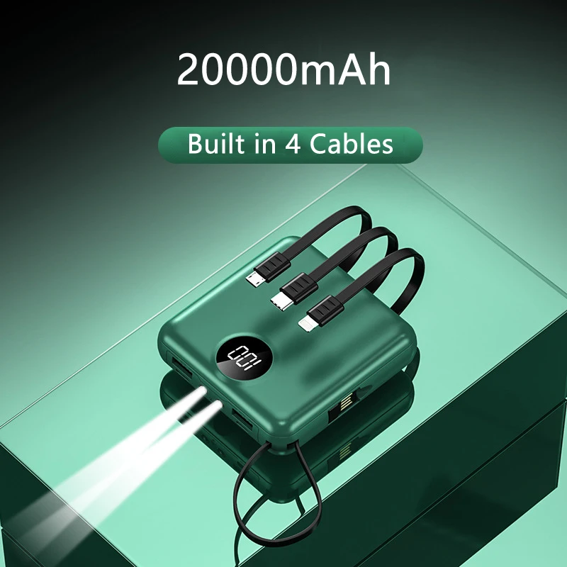 

20000mAh Mini Power Bank for iPhone 12 Samsung S21 Huawei Xiaomi Powerbank with Cable External Battery Pack Power Bank Poverbank