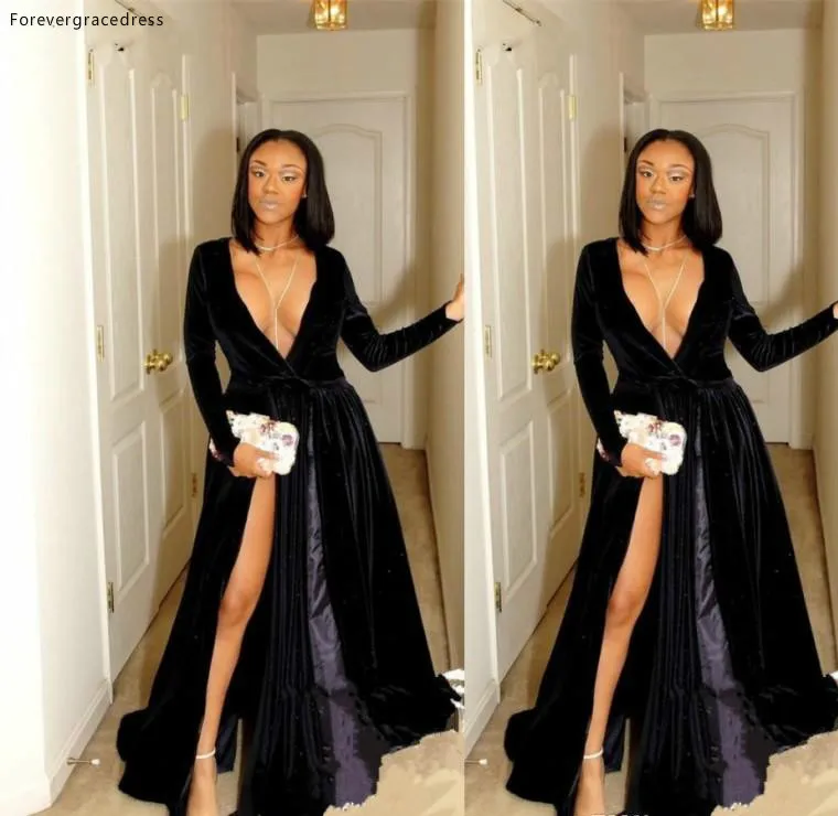 

Винтажное Черное вечернее платье с длинным рукавом, платье в южноафриканском стиле с V-образным вырезом и разрезом, вечернее праздничное платье большого размера на заказ