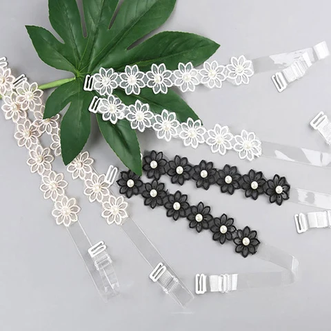 Transparent Shoulder Strap With Beads Korean Style Mesh Flower Pearl Bra Strap Non-Slip Underwear Elastic Straps Bra Accessory