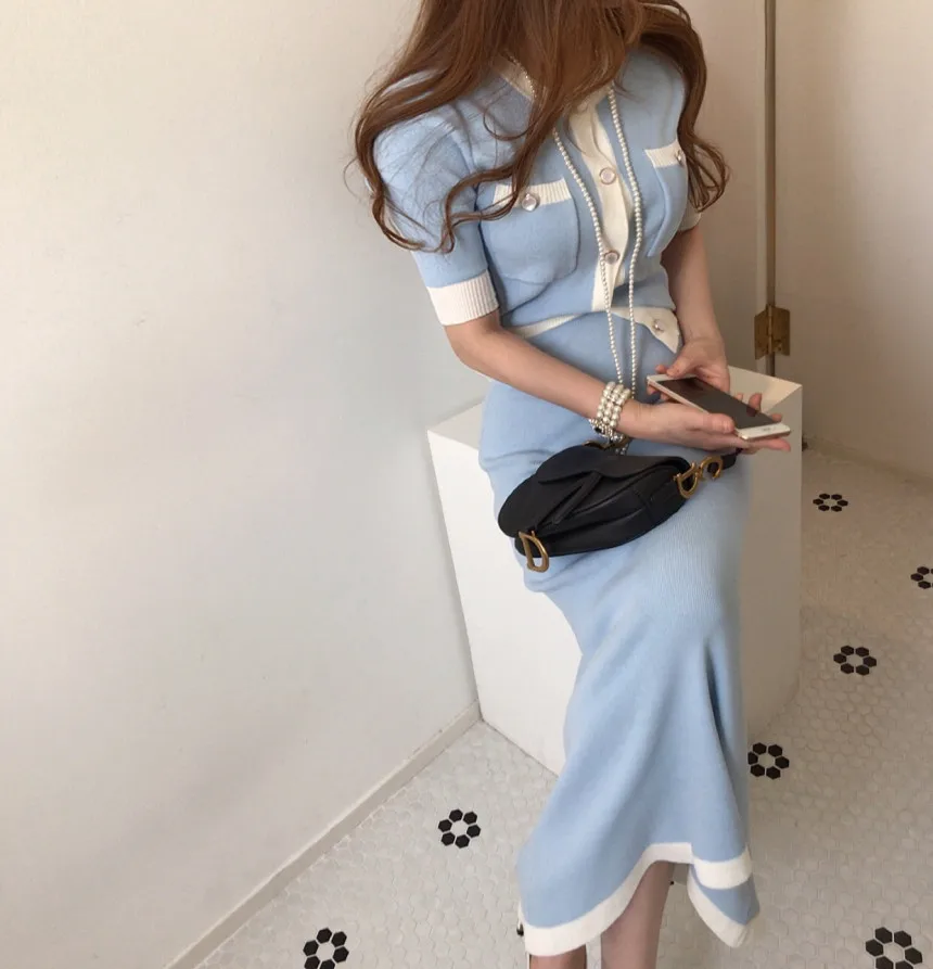 

JSXDHK 2020 New Fashion Women Knitted 2 Piece Set Summer Hit Color Single Breasted Blue Cardigans + Bodycon Long Skirts Suit