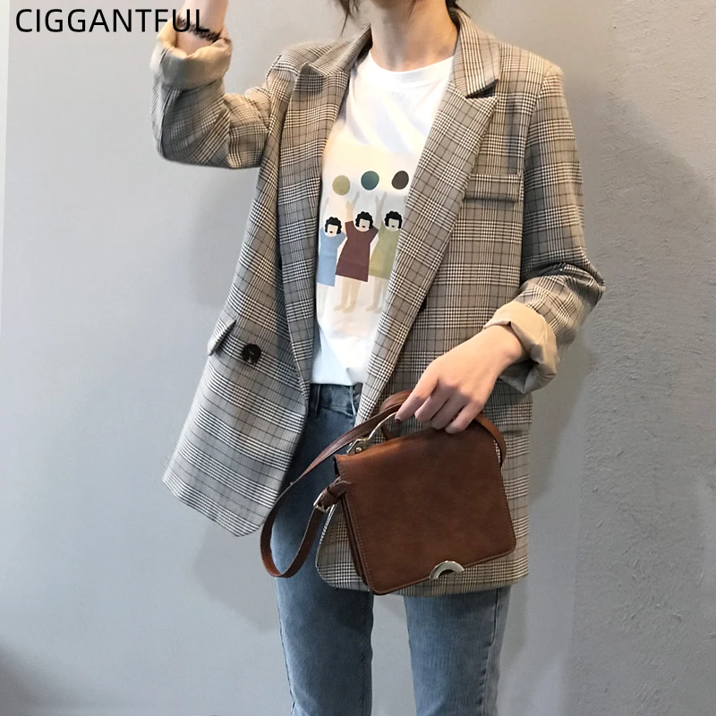 

Fall 2021 Korean Retro Plaid Suit Jacket Women Loose Casual Blazer Long Sleeve Women Spring Autumn Vintage Two Button Clothing