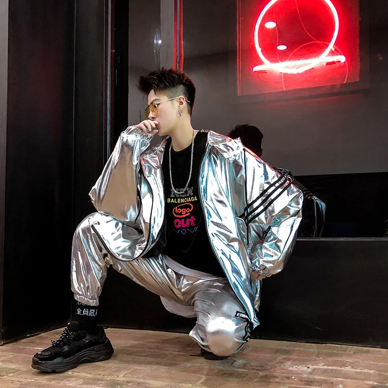 

American European And Hip Hop Streetwear Tide Brand Hip-hop Jacket Men Shiny Clothes Korean Youth Loose Jacket Hip-hop Costume