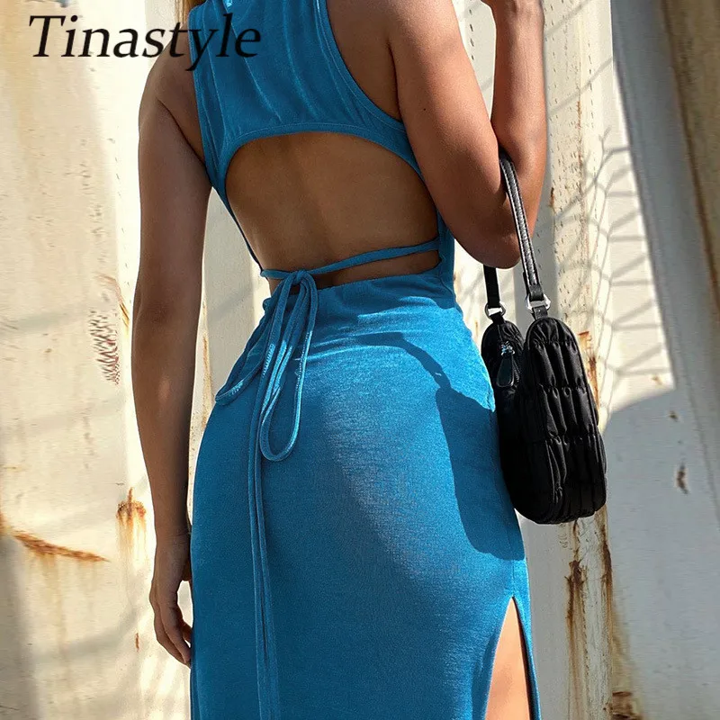 

Женское длинное вечервечерние платье Tinastyle, повседневное однотонное облегающее платье с открытой спиной, круглым вырезом, без рукавов, лето...