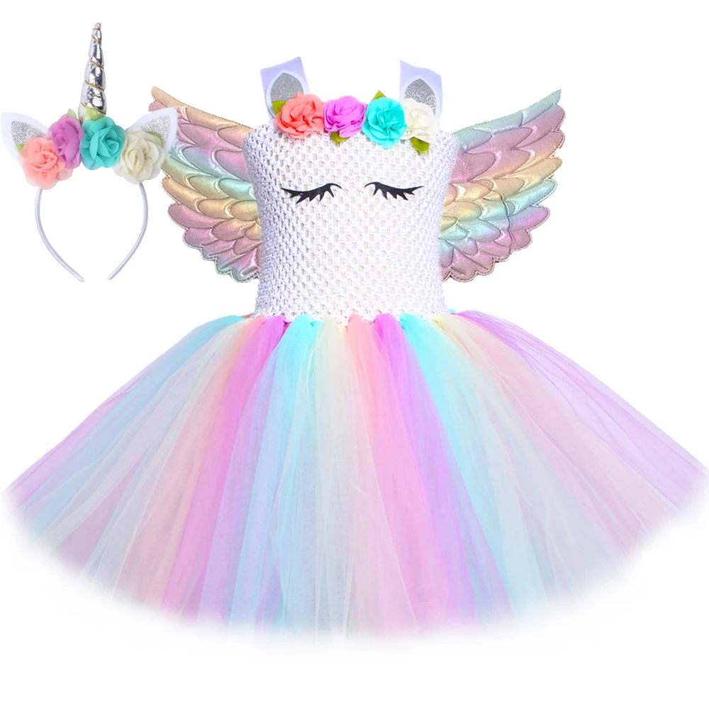 Girls Princess Unicorn Tutu Dress Outfit Pastel Flowers Baby Girl Birthday Party Dresses Tulle Kids Halloween Cosplay Costumes