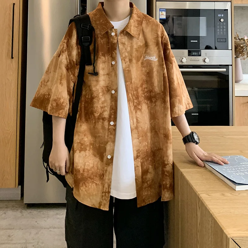 

Wholesale 2022 Short-sleeved Shirt Male Korean Style Trendy Handsome Shirt Loose Tie-dye Shirt Seven-point Sleeve Casual Jacket