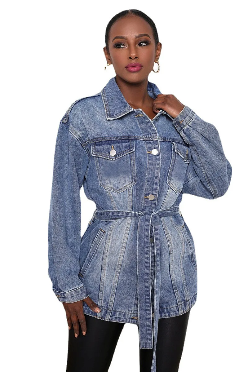 

Donsignet Fashion Women's Denim Jacket Casual Hot Sale Lapel Single Breasted Solid Color Loose Belt Double Pocket Denim Jacket