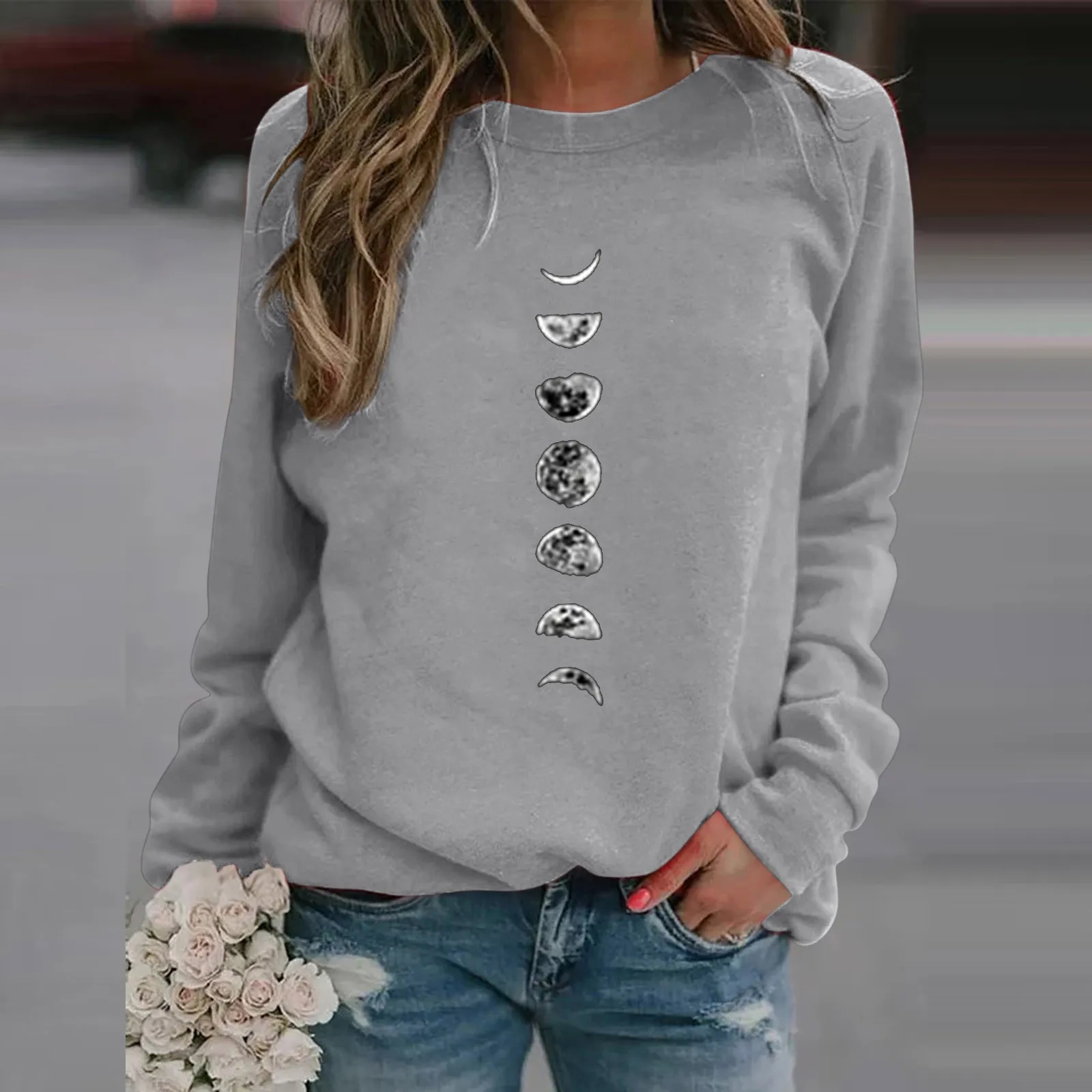 

Harajuku Women's Sweatshirts O-Neck Sun And Moon Printing Tops Loose Casual Fashion Long Sleeve Hedging Hoodie Women Clothing