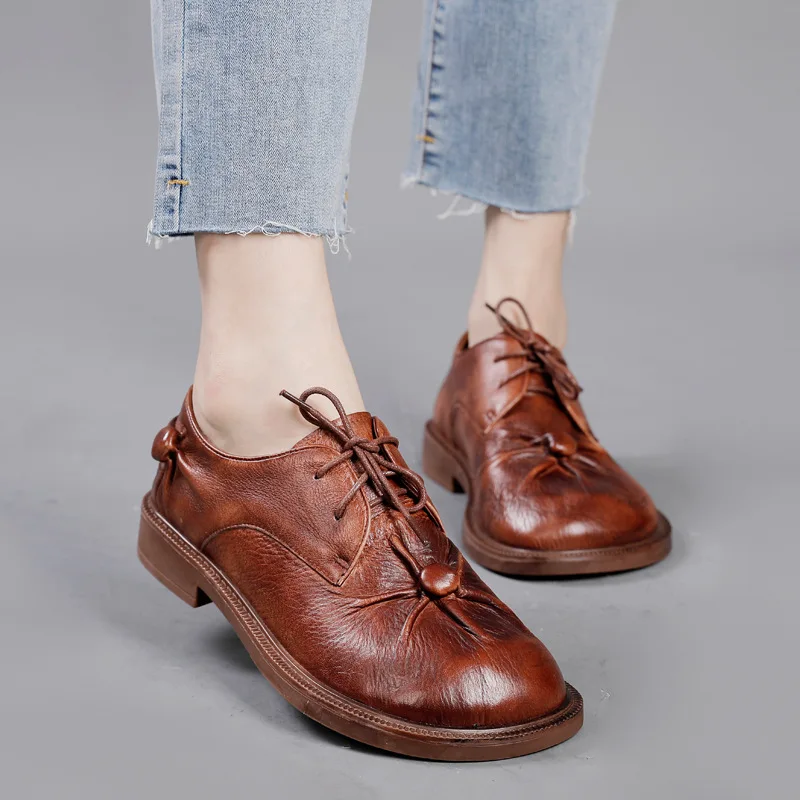 

Women OXfords Leather High Heels Autumn Shoes For Women Pumps Handmade Genuine Leather women Lazy Shoes Slip On Retro Black2021