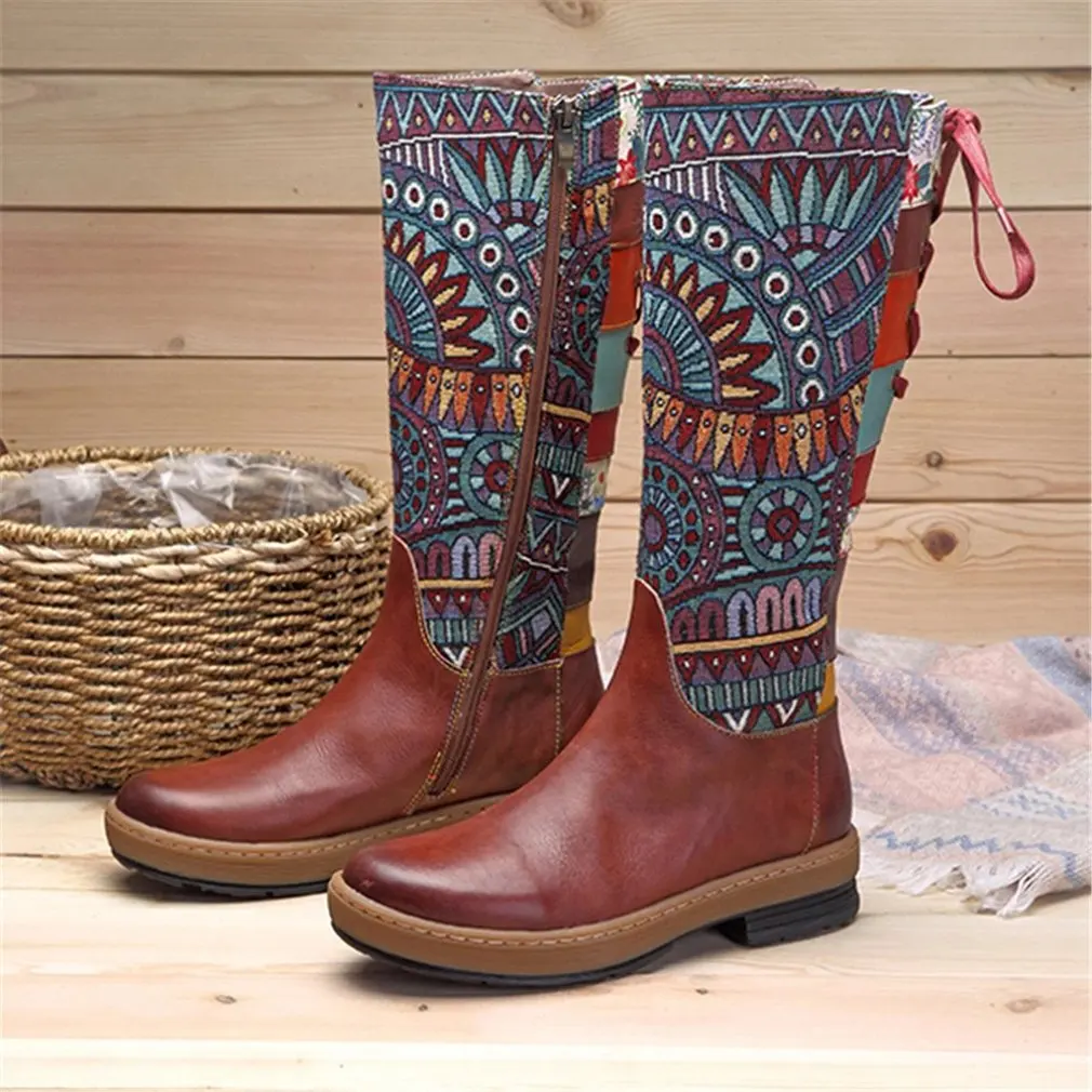 

Ethnic style embroidered high boots brown