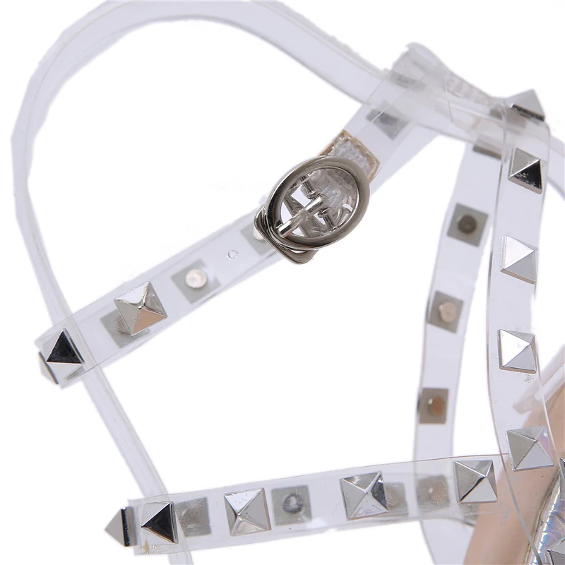 2020 новые летние пикантные женские прозрачные сандалии с заклепками на высоком