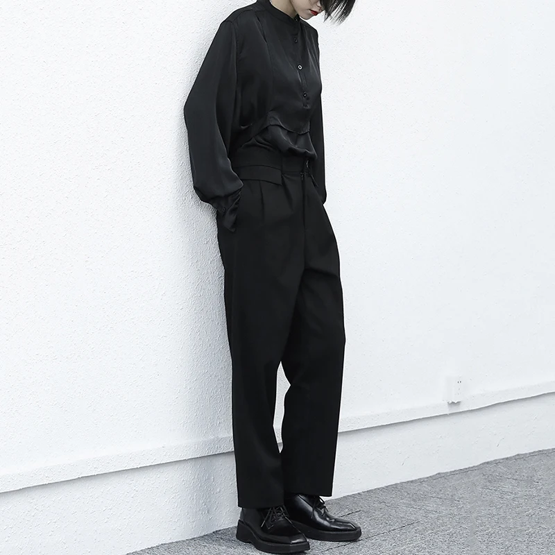 

[EAM] High Waist Black Gray Pleated Leisure Long Trousers New Loose Fit Pants Women Fashion Tide Spring Autumn 2021 1DD5899