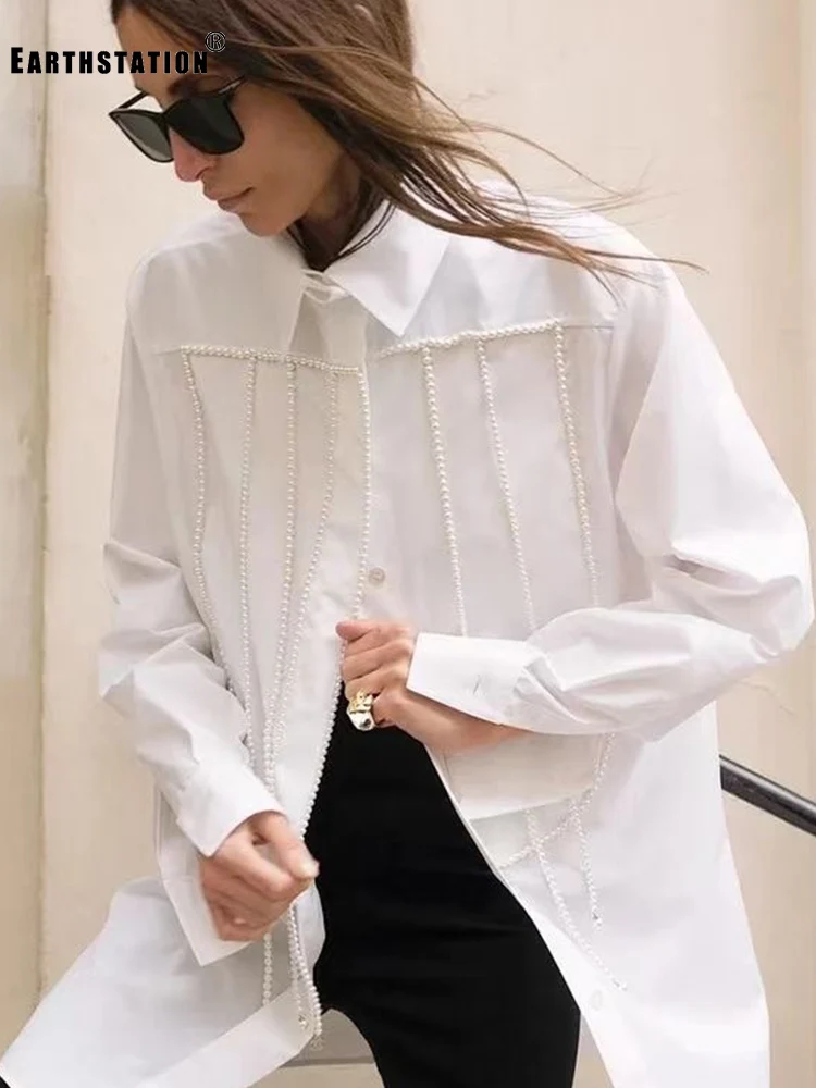 

Heavy craftsmanship beaded pearl lapel single-breasted loose long shirt women's autumn new fashion all-match top