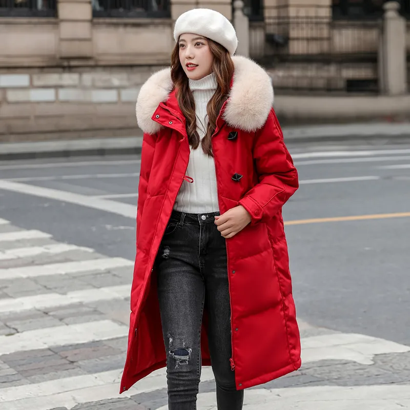 2021 Womens Winter Korean Down Jacket Mid-Length Fashion Thin Big Fur Collar White Duck Thick Hooded Zipper Over-Knee Warm Coat enlarge