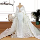 Роскошное блестящее платье-Русалка с бисером, модель 2020 года, арабское свадебное платье, кафтаны с глубоким V-образным вырезом и длинным шлейфом, платье невесты