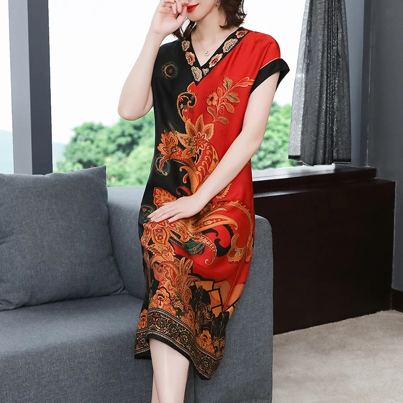 

2021 Summer New High-end Temperament Mother Dress Female Print Ladies Retro Elegant Loose Mid-length Dress Vestidos