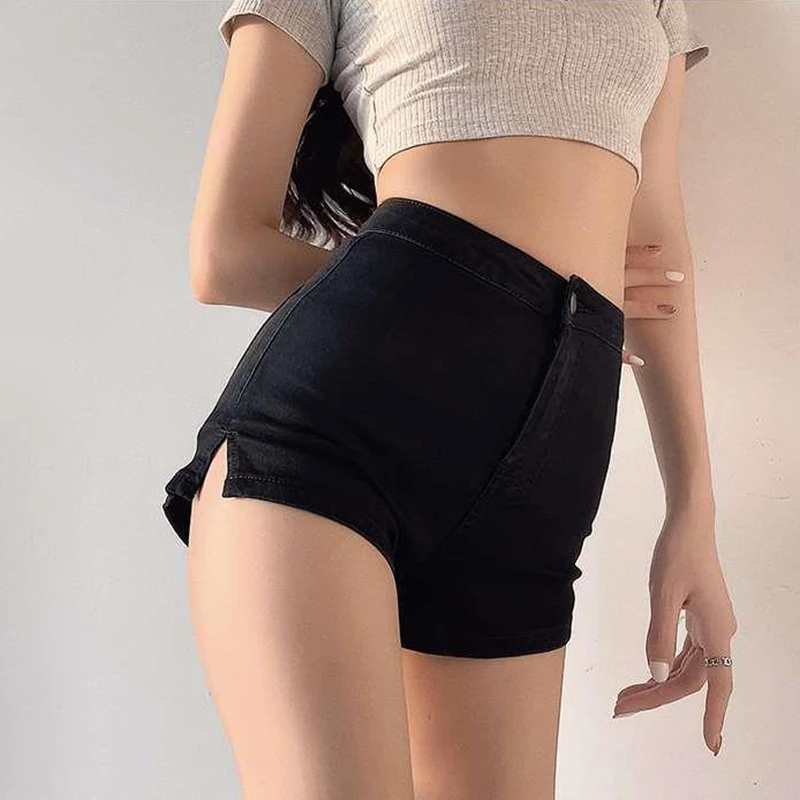 

CHICEVER Minimalist Black Side Split Denim Short For Women High Waist Patchwork Pockets Slim Shorts Females Summer Fashion Style