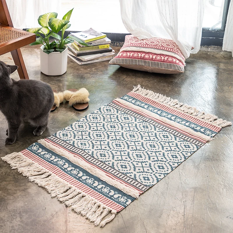 

Nordic Retro Three-Dimensional Tufted Cotton and Linen Door Mat Door Mat Bedside Foot Mat Living Room Handmade Rugs