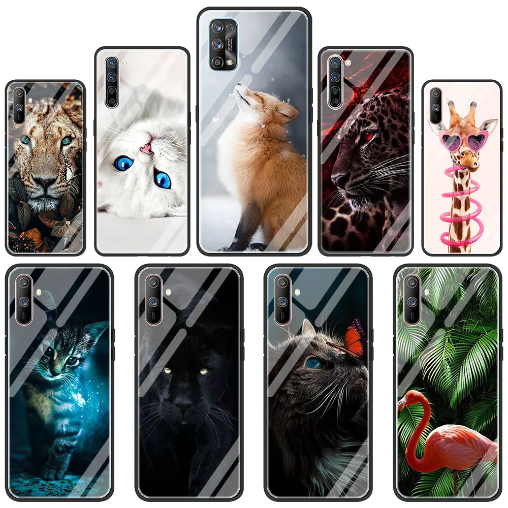 

Cartoon Cat Dog Cute Animal Glass Phone Case for Realme 7 6 5 Pro C3 XT 7i for Oppo A9 2020 A52 Find X2 Lite Cover Shell Capa