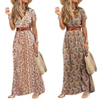 Женское летнее платье макси, с V-образным вырезом, свободное повседневное пляжное платье в стиле бохо, сарафан с принтом, размера плюс