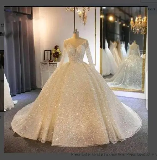 

Glittering Sequins Princess Ball Gown Wedding Dresses Long Sleeve Sheer Neck Ruffle Lace-up Back Bridal Gown Vestido de Noiva