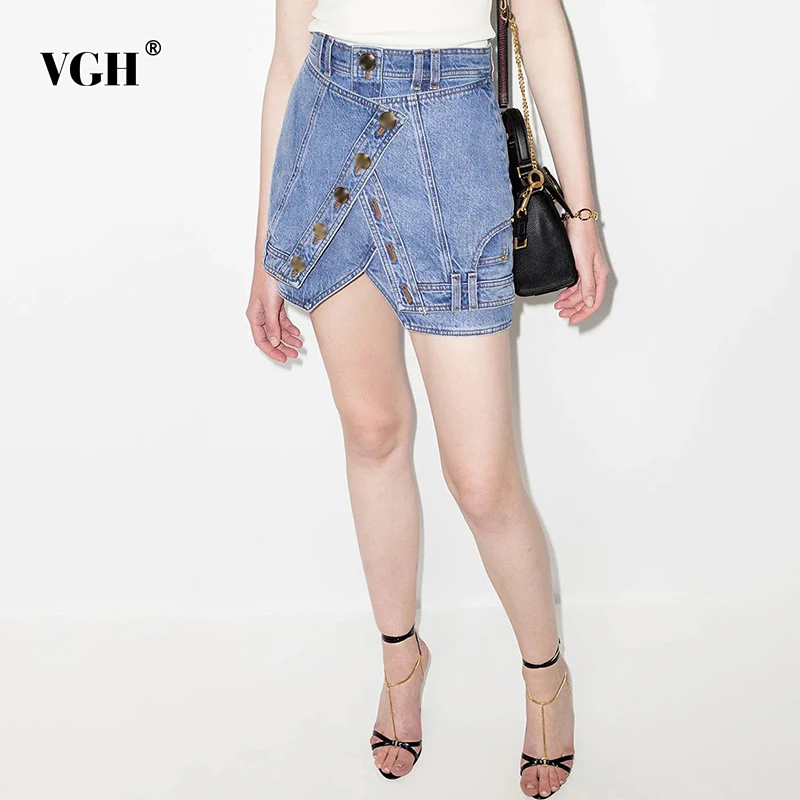 

VGH Casual Blue Patchwork Button Mini Skirts Female Korean Fashion High-waisted Denim Skirt For Women 2021 Summer Clothing Style