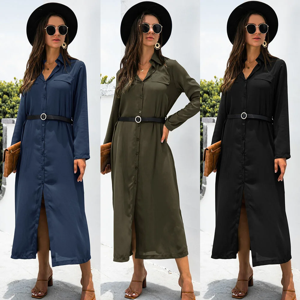 

2021 Button Down Lapel Shirt Collar Long Dress