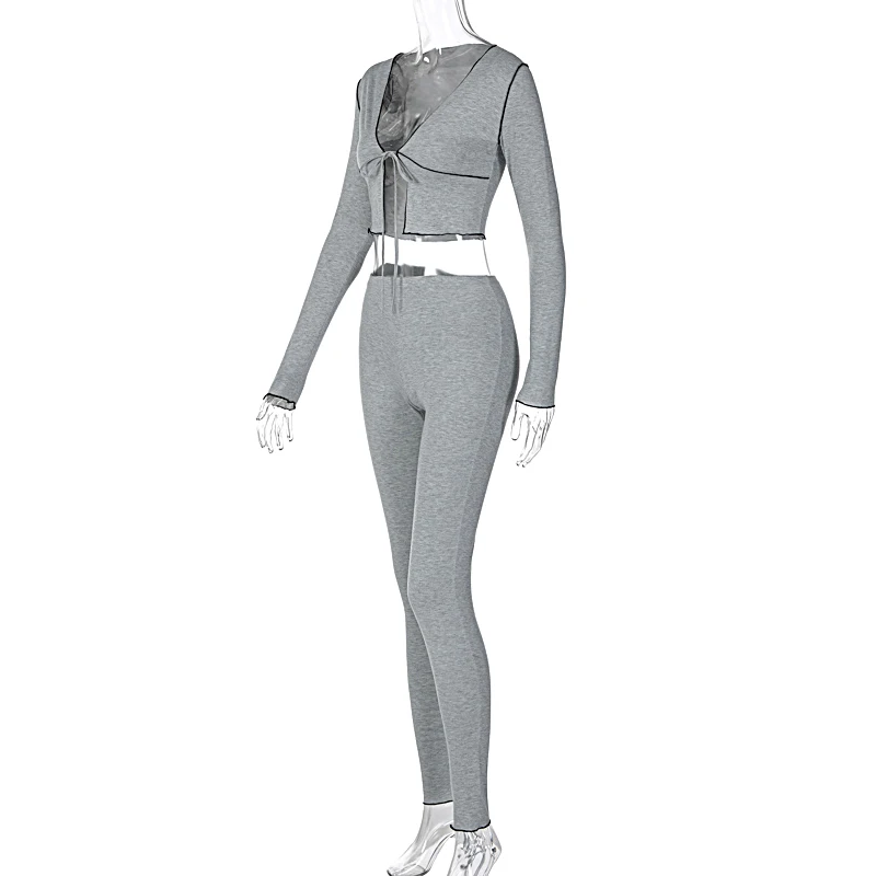 

Cutubly Long Sleeve Women'S Set Patchwork Two Piece Set Bandage Crop Tops Leggings Pants Set Autumn Fashion Streetwear Tracksuit