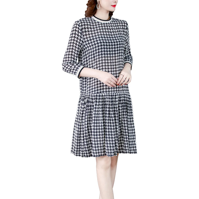 

2021 Spring Vintage Houndstooth Chiffon Midi Dress Autumn Casual 3XL Plus Size Beach Dresses Women Classy Bodycon Party Vestidos