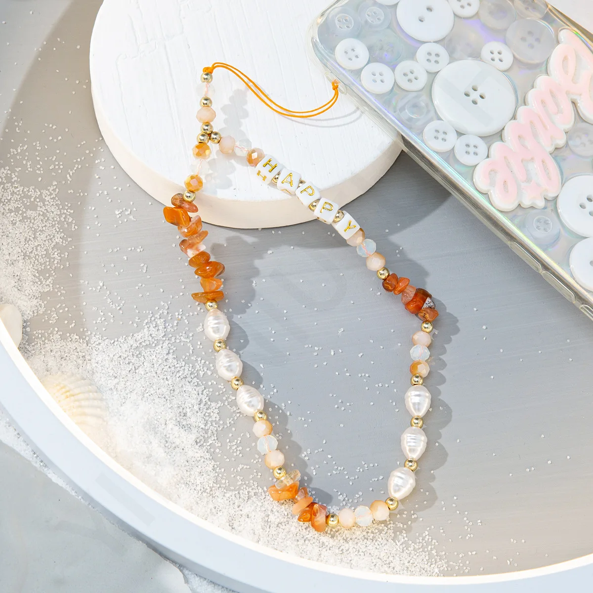 fashion new gravel pearl phone chain women creative happy letter beaded mobile phone case lanyard hanging cord jewelry girl gift free global shipping