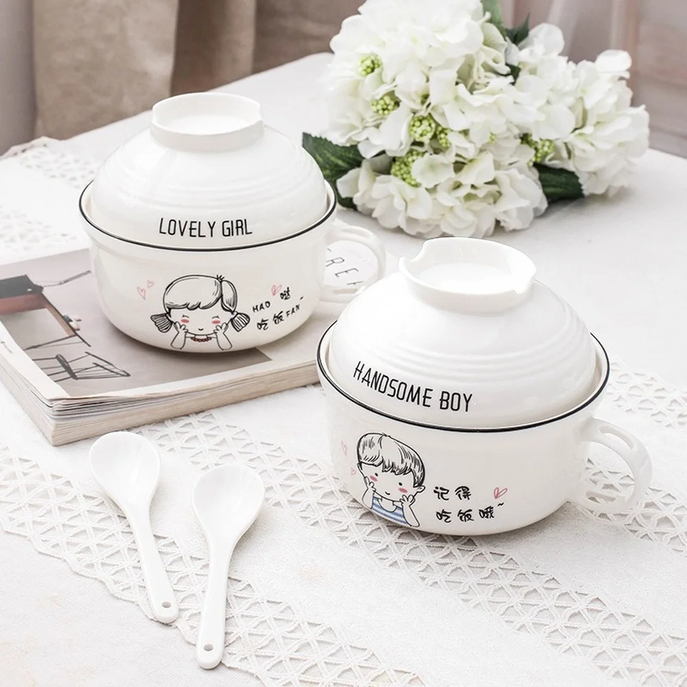 Creative ceramic bowl instant noodle cup bowl with lid and h